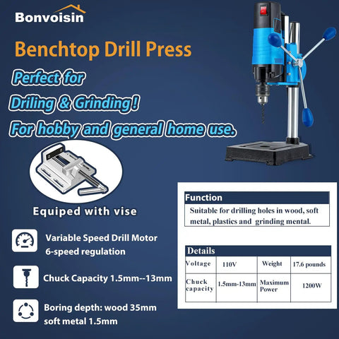 Image showing Mini Benchtop Drill Press With 6 Variable Speeds Up To 2800 RPM, 1200W Power, blue design, equipped with vise
