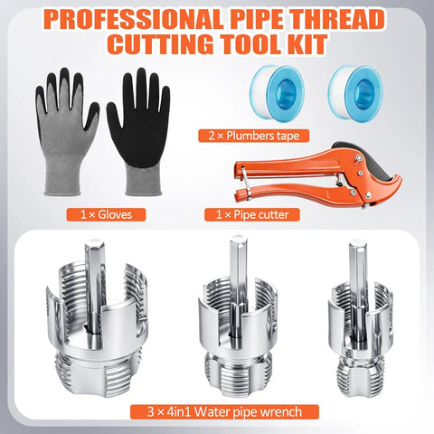 ElaraBerry 4 In One Water Pipe Wrench And Threader Tool Kit with gloves, plumbers tape, pipe cutter for plumbing jobs.