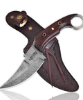 Handmade Damascus Steel Curved Fixed Blade Hunting Knife Nine Inch With Wooden Handle Ring Pommel Leather Sheath displayed with sheath