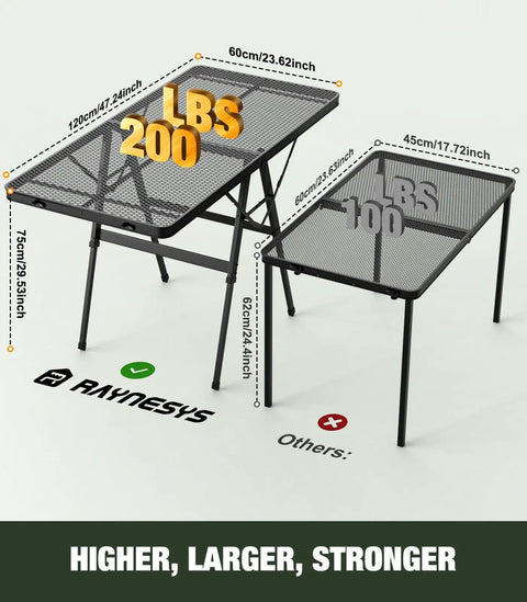 Foldable Grill Table With Mesh Desktop 200Lb Capacity 4 Foot Portable Outdoor Table For Camping Picnic BBQ Beach And RV Height Adjustable Metal Table shown with measurements