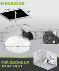 Bathroom Integrated LED Light Ceiling Mount Exhaust Ventilation Fan Quiet One Point One Sones 80 CFM White Finish dimensions diagram