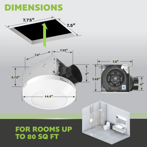 Bathroom Integrated LED Light Ceiling Mount Exhaust Ventilation Fan Quiet One Point One Sones 80 CFM White Finish dimensions diagram