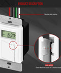 Close-up of No-Fuss Programmable Digital Timer Switch For Lights, Fans, And Motors, UL Listed, HET01-C, showing manual button.