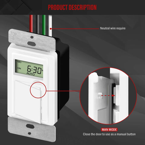 Close-up of No-Fuss Programmable Digital Timer Switch For Lights, Fans, And Motors, UL Listed, HET01-C, showing manual button.