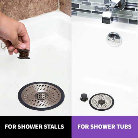 Comparison of Inside Drain Hair Catcher for shower stalls and tubs, showing different drain fittings and stainless steel design.
