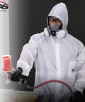 Moon Suit Nylon Cotton Coverall Hooded Reusable Protective Workwear For Construction And Industrial Jobs Lightweight Durable White Large Size With Full Body Coverage On Site Pro Grade Quality worn by worker using spray paint tool