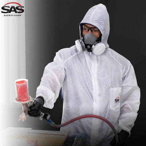 Moon Suit Nylon Cotton Coverall Hooded Reusable Protective Workwear For Construction And Industrial Jobs Lightweight Durable White Large Size With Full Body Coverage On Site Pro Grade Quality worn by worker using spray paint tool