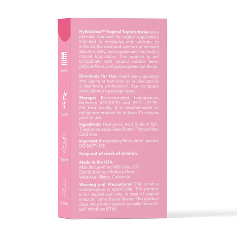 Side of pink box of Hyaluronic Acid Vaginal Suppositories for Dryness, Hormone Free Moisturizer, FDA Cleared Medical Device, Made in USA
