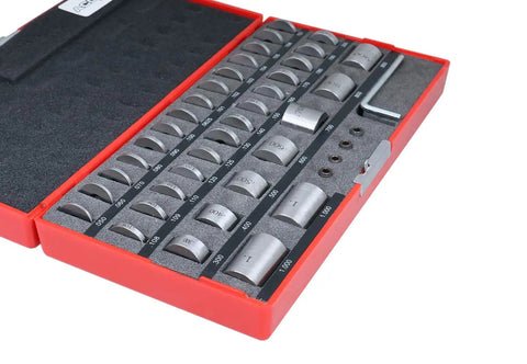 36 Piece Steel Spacer Block Set With Fitted Case Pro Grade Heavy Duty Precision Blocks From 0.101 To 0.109 Inch Hardened To HRC 57-60 3/4 Inch Diameter With 1/4-28 Thread Includes Four Connecting Screws