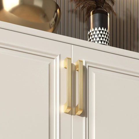 10 Pack 8 Inch Brushed Brass Cabinet Pulls Solid Zinc Alloy Handles For Kitchen Cabinets And Drawers, installed on white cabinets