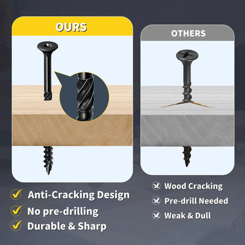 Comparison of 3 Inch Deck Screws 138 Pcs Exterior Wood Screws Size 10 Epoxy Coated T25 Star Bit with competitor, showing anti-cracking design.