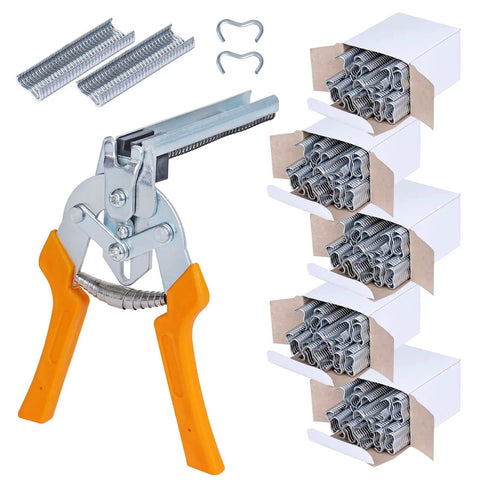 Hog Ring Pliers Kit Type M With 3000 M Clips for fencing and animal cages, showing yellow-handled pliers and five boxes of clips