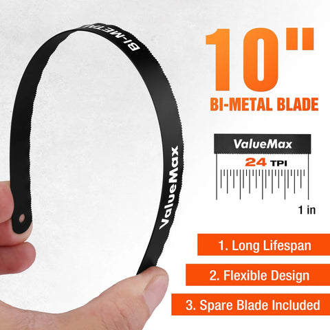 ValueMax mini hacksaw with aluminum body and 10 inch bi-metal blade; includes spare blade