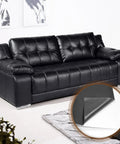 Black leather couch with a close-up of black PU leather repair patch from Leather Repair Kit For Furniture And Car Upholstery Advanced Pro Grade PU Self Adhesive Patch Heavy Duty Vinyl Repair Tape Black For Couch Car Seats Sofa And Office Chair