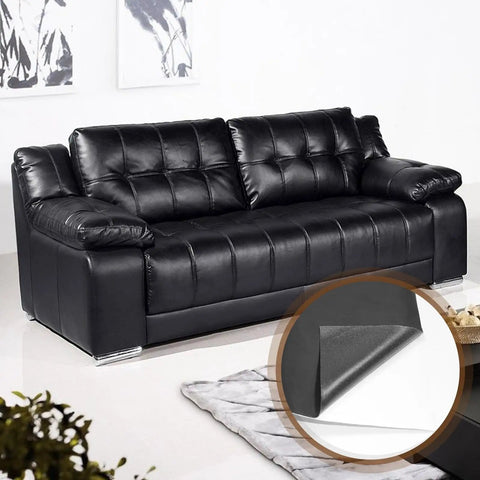 Black leather couch with a close-up of black PU leather repair patch from Leather Repair Kit For Furniture And Car Upholstery Advanced Pro Grade PU Self Adhesive Patch Heavy Duty Vinyl Repair Tape Black For Couch Car Seats Sofa And Office Chair
