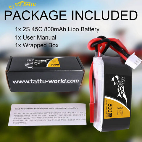 800mAh 7.4V 45C 2S1P LiPo Battery Pack with JST SYP Plug, user manual, and box for small FPV drones shown.