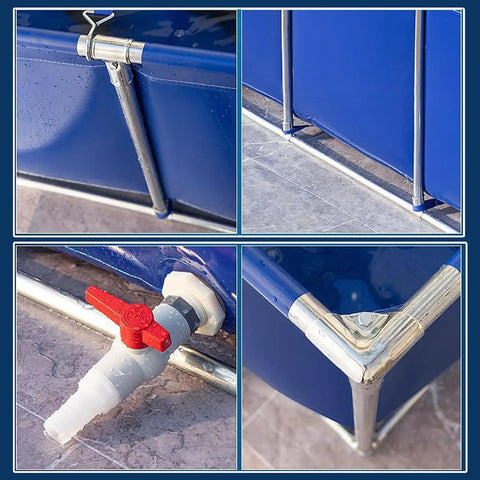 Close-up details of a heavy-duty waterproof canvas fish pond tank with steel frame and drain valve for outdoor storage.