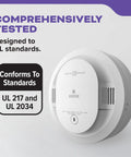 Smoke And Carbon Monoxide Detector With 10-Year Battery Model 30CUD10 1 Pack 2-In-1 Detection With Faster Smoke Sensing Red LED Alert For Clear Visual Cues In Home Safety. White round detector shown with UL 217 and UL 2034 compliance