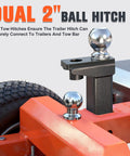 Dual 2-inch ball hitch on Super Duty Electric Trailer Dolly for secure trailer connections. Heavy-duty steel construction.