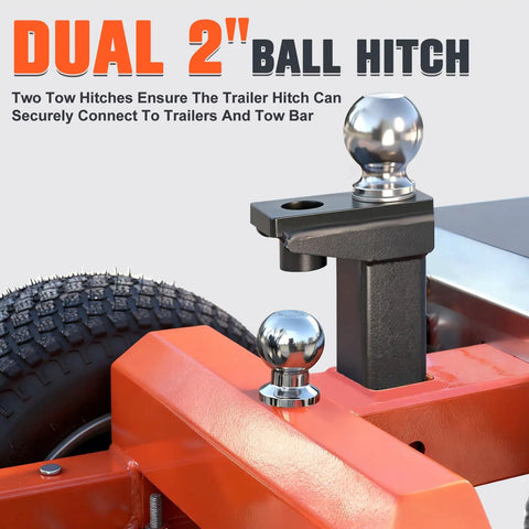 Dual 2-inch ball hitch on Super Duty Electric Trailer Dolly for secure trailer connections. Heavy-duty steel construction.