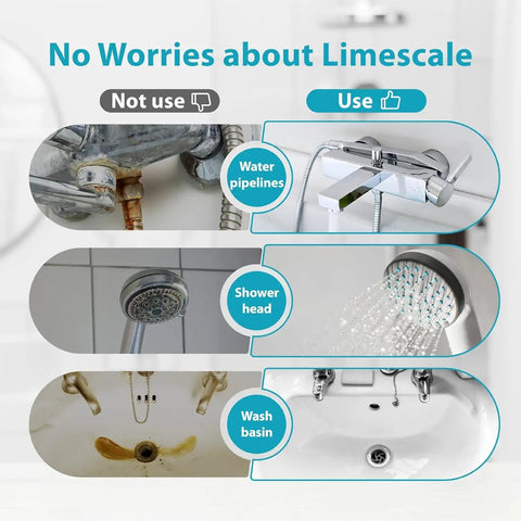 Comparison of limescale on water pipelines, shower head, and wash basin with and without Whole House Scale Inhibitor Inline Water System.