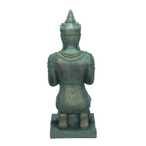 Back view of Thai Princess Kneeling Garden Statue With Offering Bowl Indoor Outdoor Polyresin Sculpture 28 Inch Tall Handcast Green Bronze Finish Zen Vibes For Meditation And Relaxation
