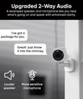 1080p Indoor Outdoor Security Camera With Color Night Vision Built In Spotlight Motion Detection Two Way Audio Wi Fi Alexa And Google Compatible Free Expert Setup White mounted on wall showcasing two-way audio features with text dialogue.