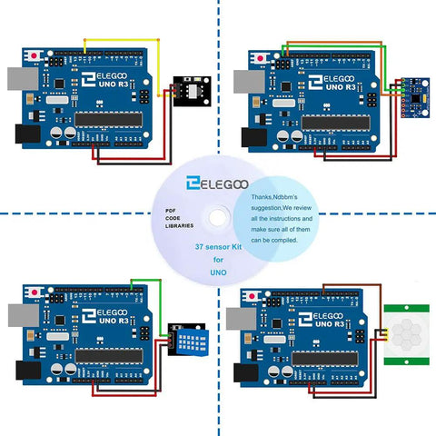Diagram of sensor connections for upgraded 37-in-1 sensor kit compatible with Arduino Uno R3, includes instructional CD.
