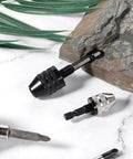 Two Pack Keyless Drill Chuck Set For Impact Driver With Quick Change One Quarter Inch Hex Shank Dual Size Chucks on stone