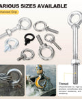 Various sizes of heavy duty half inch by six inch carbon steel eye bolt with lifting ring for industrial and marine use.