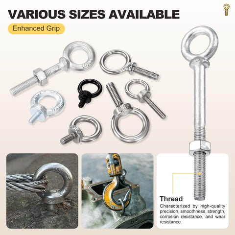 Various sizes of heavy duty half inch by six inch carbon steel eye bolt with lifting ring for industrial and marine use.