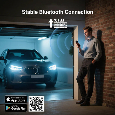 Man using Bluetooth OBD2 Scanner with Full System Diagnostics for All OBDII Cars Since 1996, Wireless Check Engine Tool, next to car.