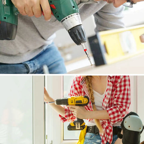 Two people using drills for home repair, emphasizing versatility of Compact 41 Piece 1/4 Inch Drive Mini Ratchet Wrench Set With Mini Socket Set