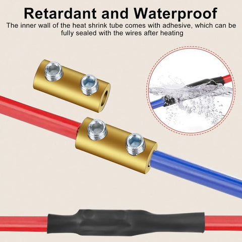 10 Pack 10AWG Wire Connector Nut Kit With Brass Heat Shrink Butt Connectors shown with wires and waterproof feature