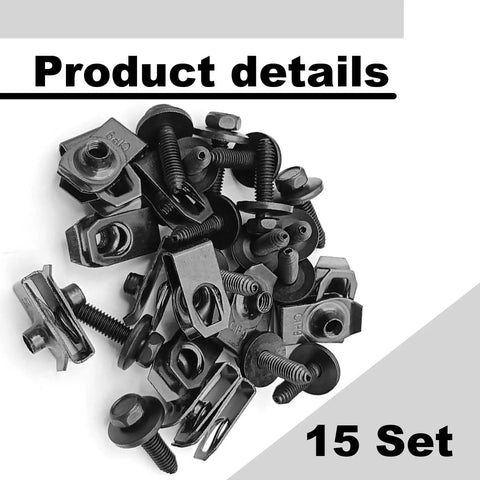 Heavy Duty M8-1.25 Body Bolts and Extruded U Nut Kit for Auto Body Repairs, 15 sets displayed in a pile