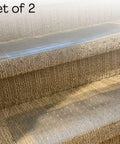 Set of 2 clear vinyl stair tread protectors 24x8 inches, on carpeted stairs, with gripper teeth to prevent slipping and protect carpet.