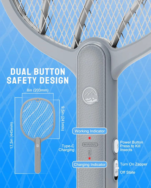 Close-up view of 3800V Handheld Bug Zapper Racket with Type-C Rechargeable Battery, showing dual button safety design and mesh.
