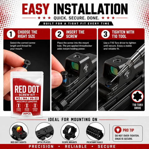 KickAss Torx Optic Mounting Screws Kit With M3 M4 And 6-32 Threads Locks Down Hard With Premium Threadlocker 36 pcs in use, demonstrating easy installation steps.