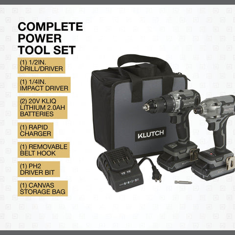 Brushless 20 Volt Drill Driver And Impact Driver Kit with chucks, gear box, battery, charger, and storage bag.