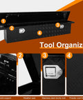 Close-up of 69 Inch Heavy Duty Crossover Aluminum Truck Toolbox With Rust Proof Secure Slam Latch, showing interior structure features.