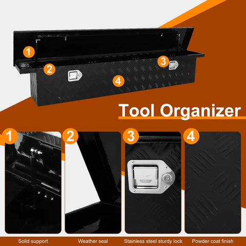 Close-up of 69 Inch Heavy Duty Crossover Aluminum Truck Toolbox With Rust Proof Secure Slam Latch, showing interior structure features.