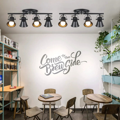4-Light Track Lighting Kit Black Semi Flush Mount Ceiling Light With Four Rotatable Heads in a modern cafe setting