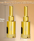 Diamond Hole Saw Bits Kit Three Quarter Inch Diamond Core Drill Bit Set For Porcelain Tile Ceramic Glass Granite Stone Marble 2 Pack Pro Grade Brazed Diamond Tips For Smooth Fast Cuts Heavy Duty, featuring 2pcs of 20mm gold-coated drill bits with dimensions displayed.