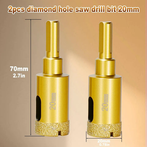 Diamond Hole Saw Bits Kit Three Quarter Inch Diamond Core Drill Bit Set For Porcelain Tile Ceramic Glass Granite Stone Marble 2 Pack Pro Grade Brazed Diamond Tips For Smooth Fast Cuts Heavy Duty, featuring 2pcs of 20mm gold-coated drill bits with dimensions displayed.