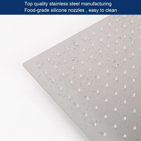 Close-up of Massive 12 Inch Ceiling Mount Rain Shower Head In Square Design with water droplets on brushed nickel finish