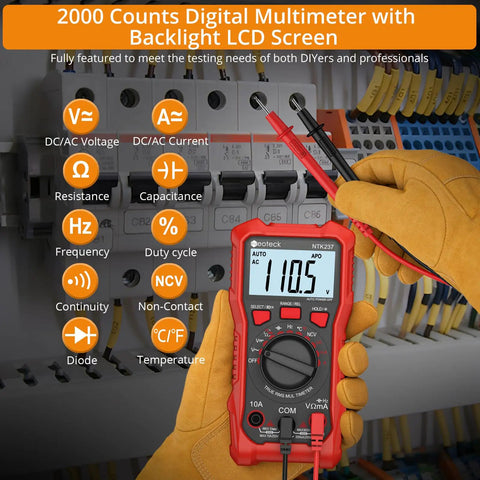 Non Contact Voltage Tester and Digital Multimeter Combo for 12-1000V AC Range with LCD showing measurement, held in gloved hand.