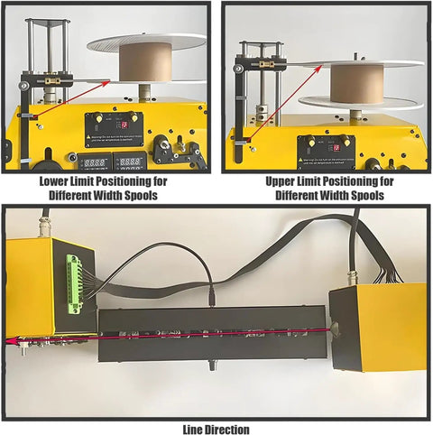 Kickass 3D Printer Filament Recycler With Auto Spool Winder And Dial In Temp Control showing limit positioning for different width spools.