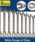 Ratcheting Combination Wrench Set 10 Piece Metric 8mm 10mm 11mm 12mm 13mm 14mm 15mm 16mm 17mm 18mm 72 Tooth 12 Point Chrome Vanadium Steel