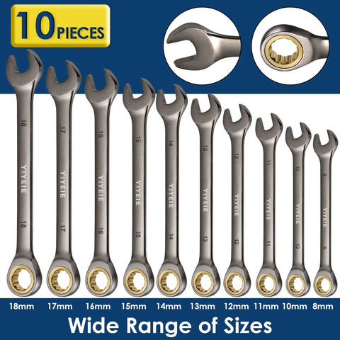 Ratcheting Combination Wrench Set 10 Piece Metric 8mm 10mm 11mm 12mm 13mm 14mm 15mm 16mm 17mm 18mm 72 Tooth 12 Point Chrome Vanadium Steel