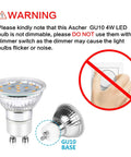 Warning for GU10 LED Bulbs 4W Non Dimmable 400 Lumens 2700K Warm White 120V next to image of light bulb and non-dimmable sign